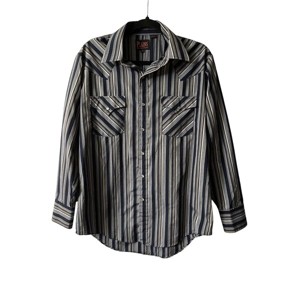 Plains Western Ware Shirt Pearl Snap Brush Popper Long Sleeve Men's Medium Blue - Picture 6 of 9